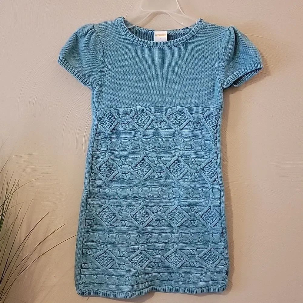 GYMBOREE TURQUOISE SHORT-SLEEVE CABLE KNIT SWEATER DRESS, SIZE 5
